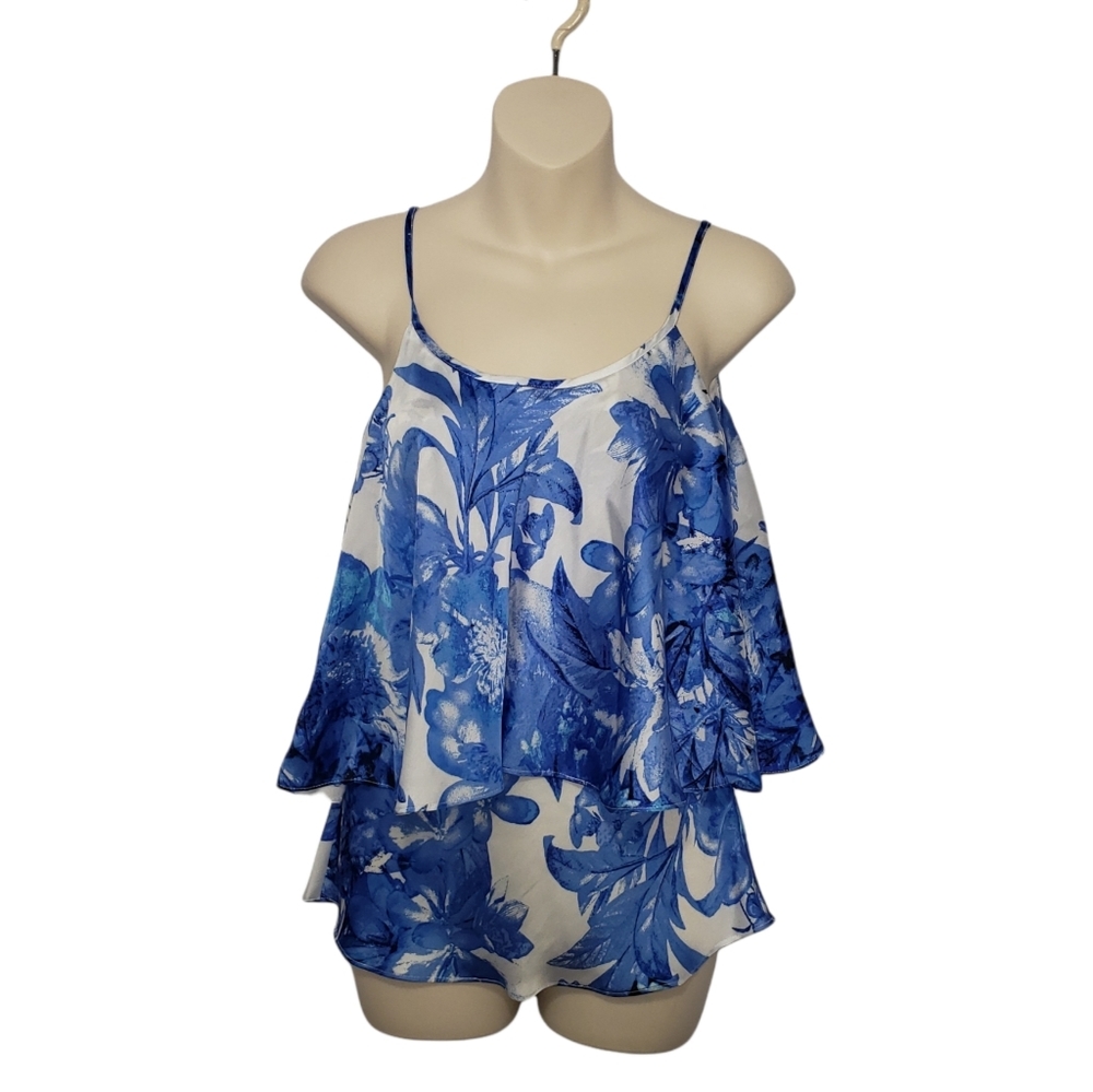 ISAAC MIZRAHI blue floral flounce layered  top size XS